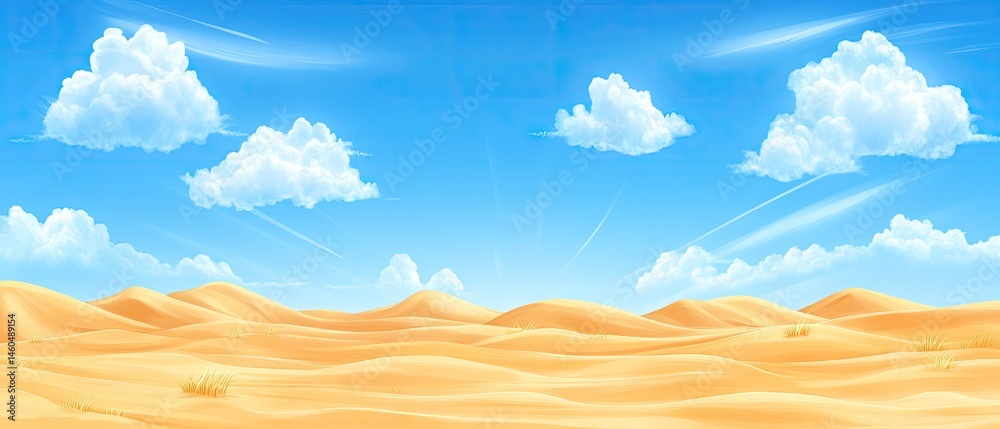 Obraz premium Sunny desert landscape with dunes under a blue sky with puffy clouds and some grassy vegetation