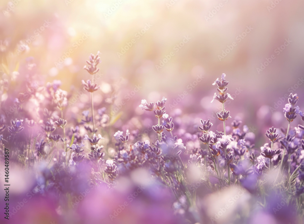 Naklejka premium Summer lavender field with purple flowers in bloom, soft pastel colors of nature, blurred natural landscape background, serene Provence-style meadow scene