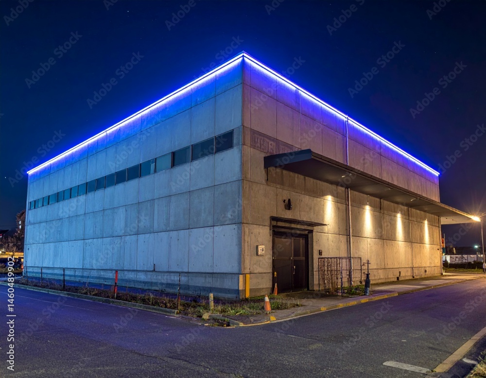 Obraz premium Modern Urban Warehouse at Night with Blue Neon Lights