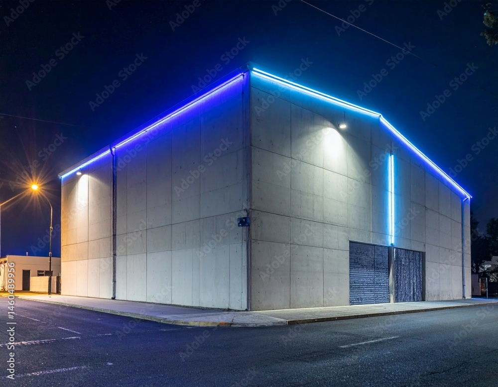 Obraz premium Modern Concrete Building with Neon Lights at Night Time