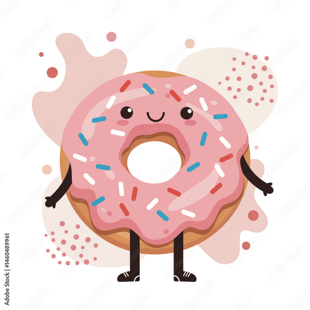 Pink Frosted Donut Character with Colorful Sprinkles and Cartoon Face Vector Illustration Pink Frosted Donut Character with Colorful Sprinkles and Cartoon Face Vector Illustration