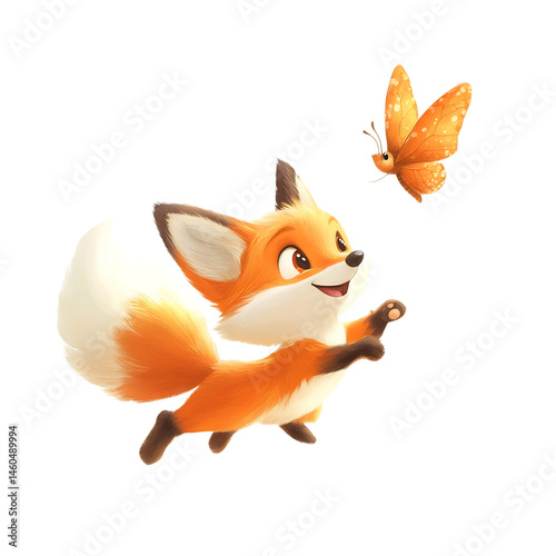 Cartoon Fox Chasing a Butterfly in Fiery Oranges Isolated on Transparent Background