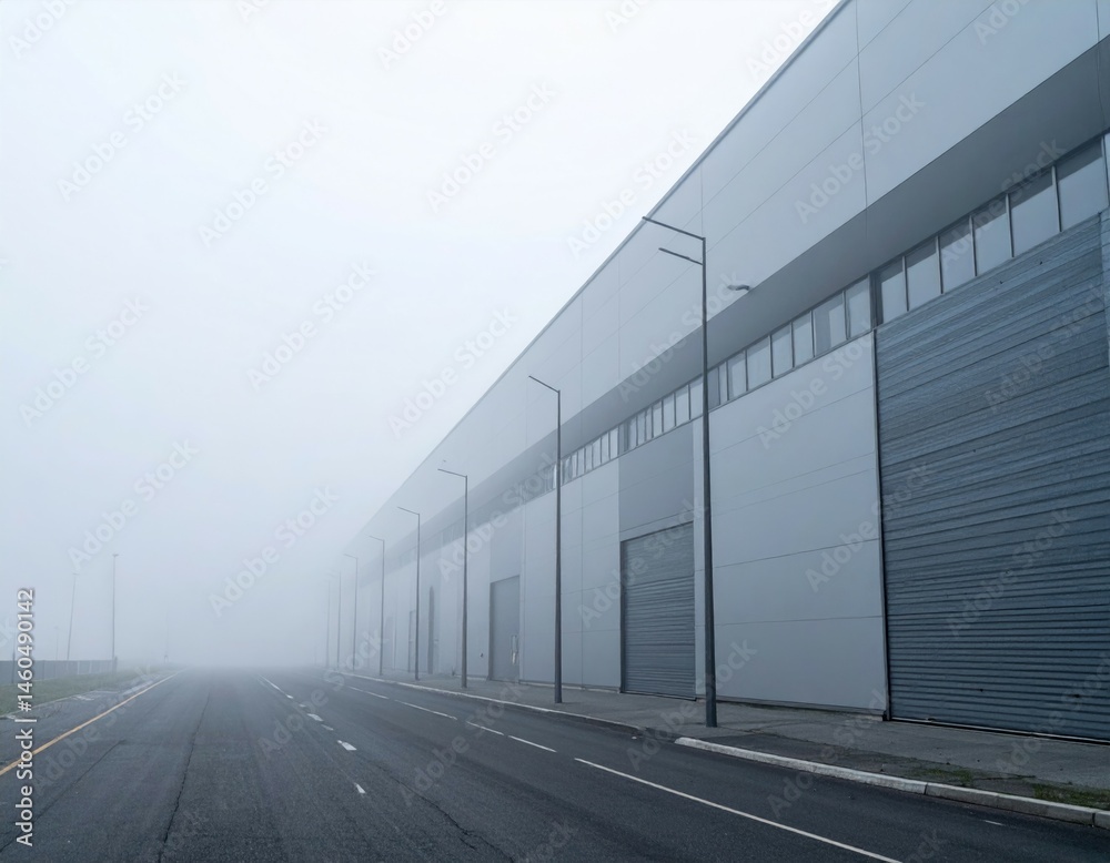 Obraz premium Foggy Urban Landscape with Empty Road and Industrial Building Facade