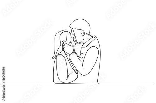 Continuous one line drawing of Couple almost kiss. Single line drawing illustration of A woman and a man hug. Wedding or valentine's concept vector art. Doodle line illustration.