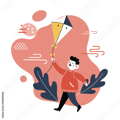 Child flying colorful kite with geometric shapes and autumn leaves in stylized vector illustration 