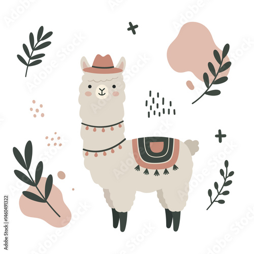 Llama with hat and decorative blanket surrounded by botanical elements vector illustration in muted colors 