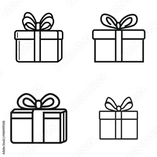 Gift Box Icons Minimalist Black Line Art Presents on Transparent Background