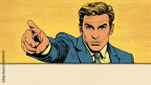 Retro pop art man indicates pointing finger on screen with confidence expression