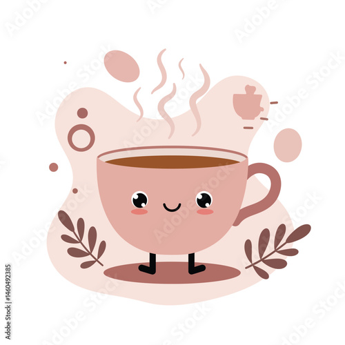 Cute smiling coffee cup with steam in soft pink and brown tones vector illustration for cozy beverage design 