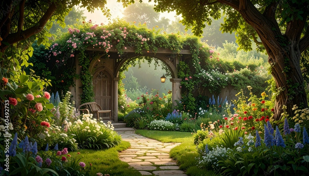Serene Garden Pathway with Vibrant Flowers and Lush Greenery Serene Garden Pathway with Vibrant Flowers and Lush Greenery