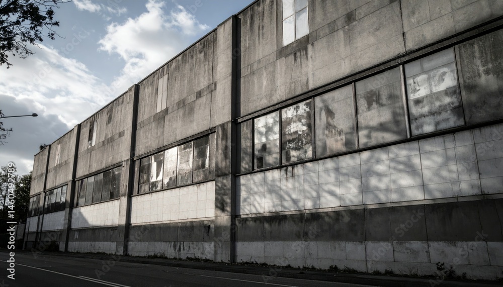 Fototapeta premium Abandoned Industrial Building with Weathered Facade and Broken Windows
