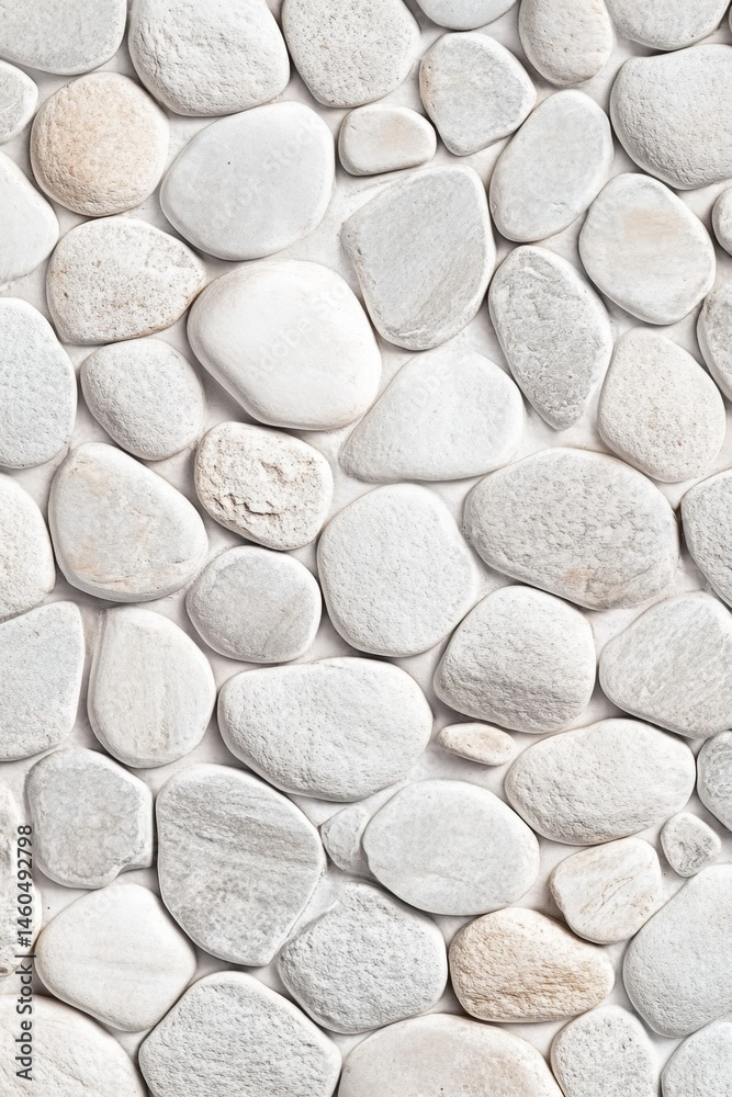 Close-up view of a wall covered with smooth, light-colored, round stones, creating a textured surface. Various shades of cream and off-white Close-up view of a wall covered with smooth, light-colored, round stones, creating a textured surface. Various shades of cream and off-white
