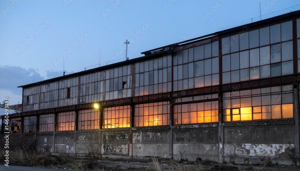 Obraz premium Abandoned Industrial Building with Warm Light Reflection at Dusk