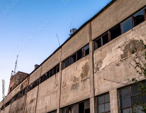 Abandoned Industrial Building with Weathered Walls and Windows at Dusk