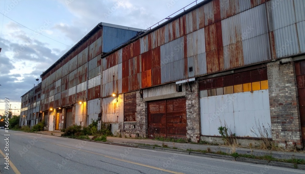 Fototapeta premium Abandoned Warehouse with Rusty Exterior and Dull Lighting at Dusk