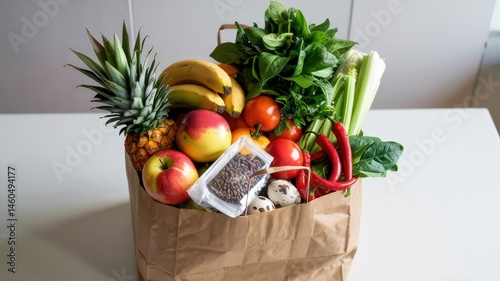 Grocery bag filled with bananas, tomatoes, mushrooms, and fresh vegetables