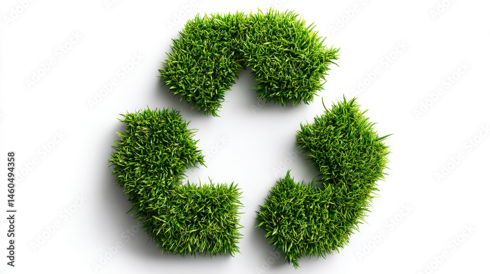 3D grass texture in the shape of a recycling symbol, isolated on a white background 3D grass texture in the shape of a recycling symbol, isolated on a white background