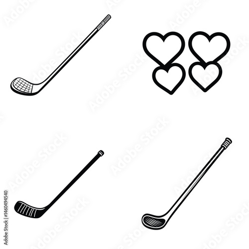 Golf Club and Hockey Sticks with Heart Icons Isolated on White Background Set