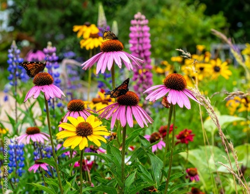 Fototapeta Naklejka Na Ścianę i Meble -  Vibrant Garden Scene with Colorful Flowers and Butterflies in Bloom