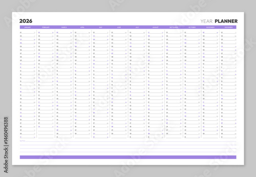 Year 2026 purple calendar with daily agenda vector illustration. Schedule page journal, stationery calendar, organizer template with twelve months. Wall planner with space for daily personal notes