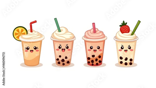Cute bubble tea characters in vector style with playful expressions.