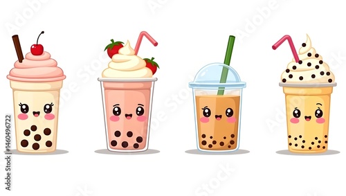 Cute bubble tea characters in vector style with playful expressions.