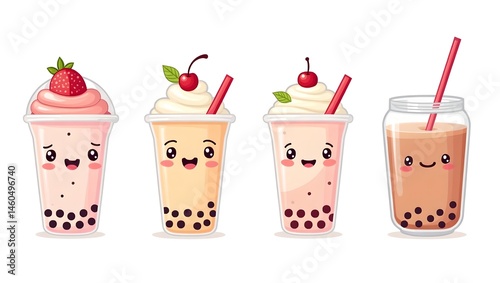 Cute bubble tea characters in vector style with playful expressions.