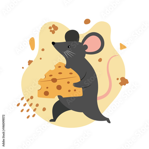 Cute black mouse carrying piece of cheese vector illustration with beige background and crumbs around 