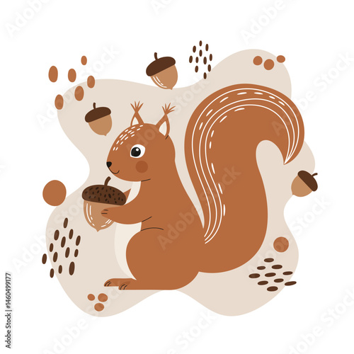 Squirrel holding acorn with brown tones and beige background vector illustration for autumn wildlife nature design 