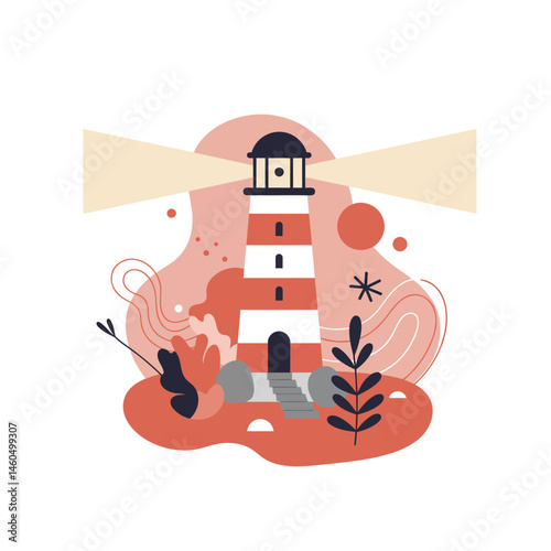 Lighthouse with red and beige stripes shining light in abstract coastal landscape vector illustration 