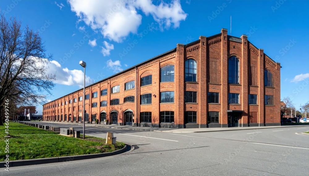 Naklejka premium Red Brick Industrial Building with Large Windows and Clear Sky