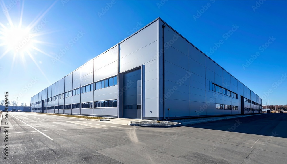 Obraz premium Modern Industrial Warehouse with Clear Blue Sky and Sunshine