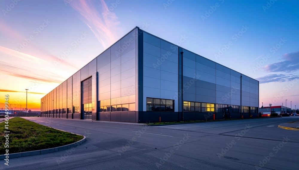 Obraz premium Modern Industrial Warehouse at Sunset with Colorful Sky Reflection