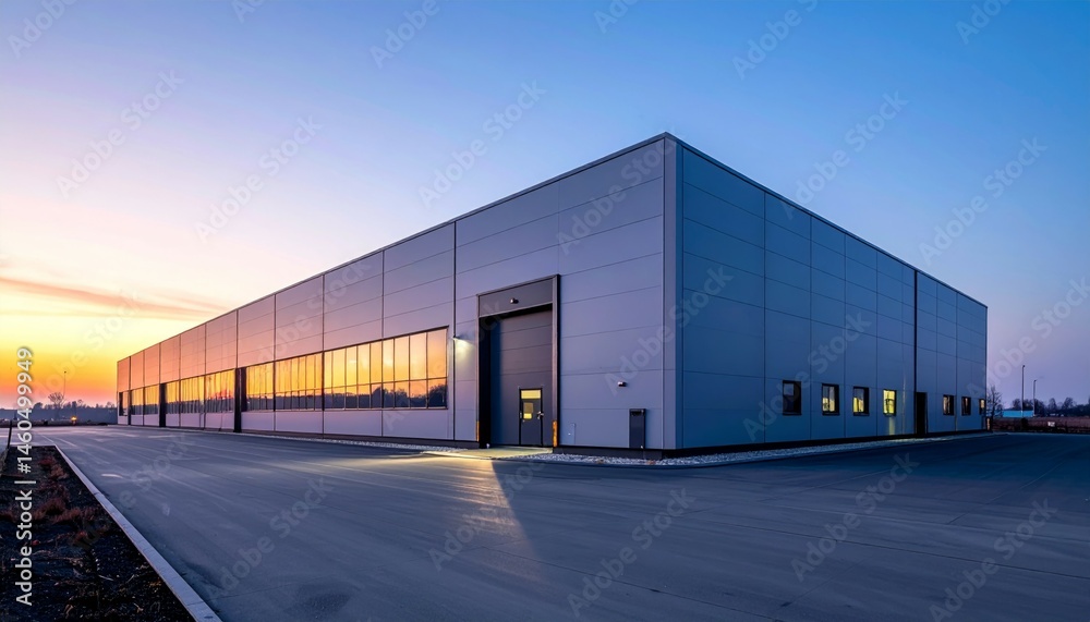 Obraz premium Modern Industrial Warehouse Exterior at Sunset with Clear Sky
