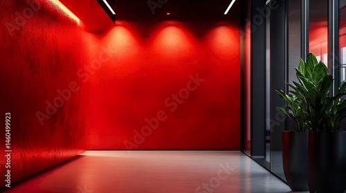 Closeup of a vibrant red office wall, smooth texture with clean lines, softly lit for a modern and minimalist aesthetic.  