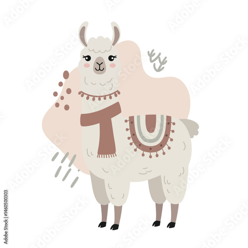 Cute fluffy llama with decorative blanket and scarf charming animal vector art design for kids and nature lovers