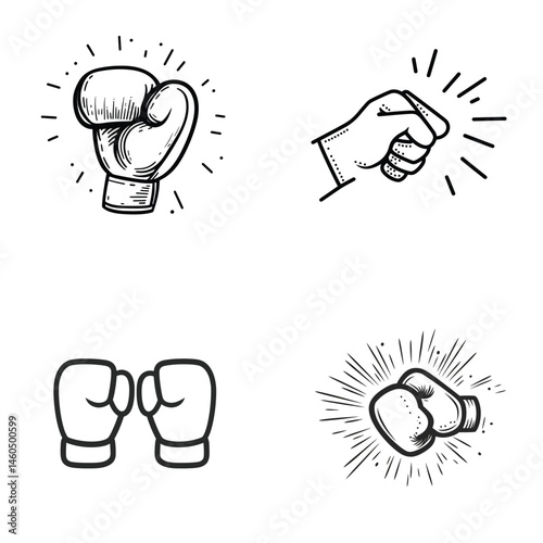 Hand Drawn Boxing Gloves and Fist Icon Set Vector on White