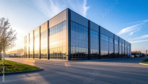 Wallpaper Mural Modern Industrial Building with Reflective Glass Facade at Sunset Torontodigital.ca
