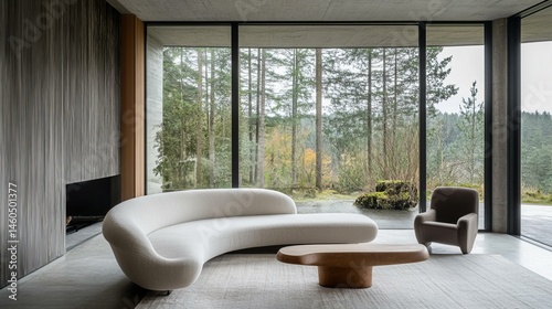 Modern Living Room With Forest View And Curved Sofa Design