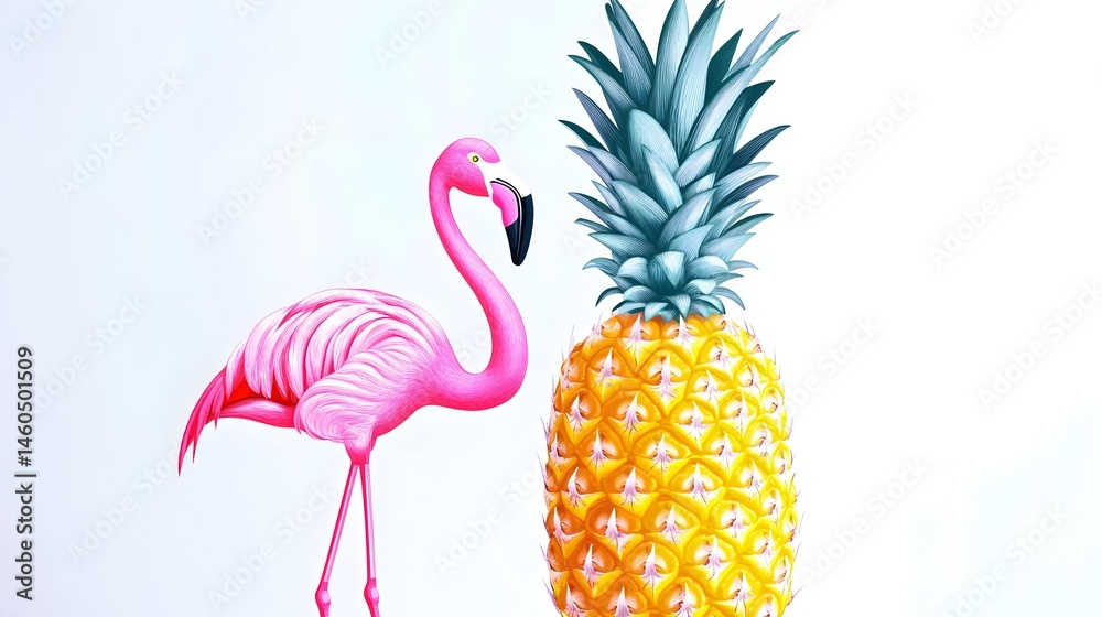 Obraz premium Playful pink flamingo next to a ripe pineapple.