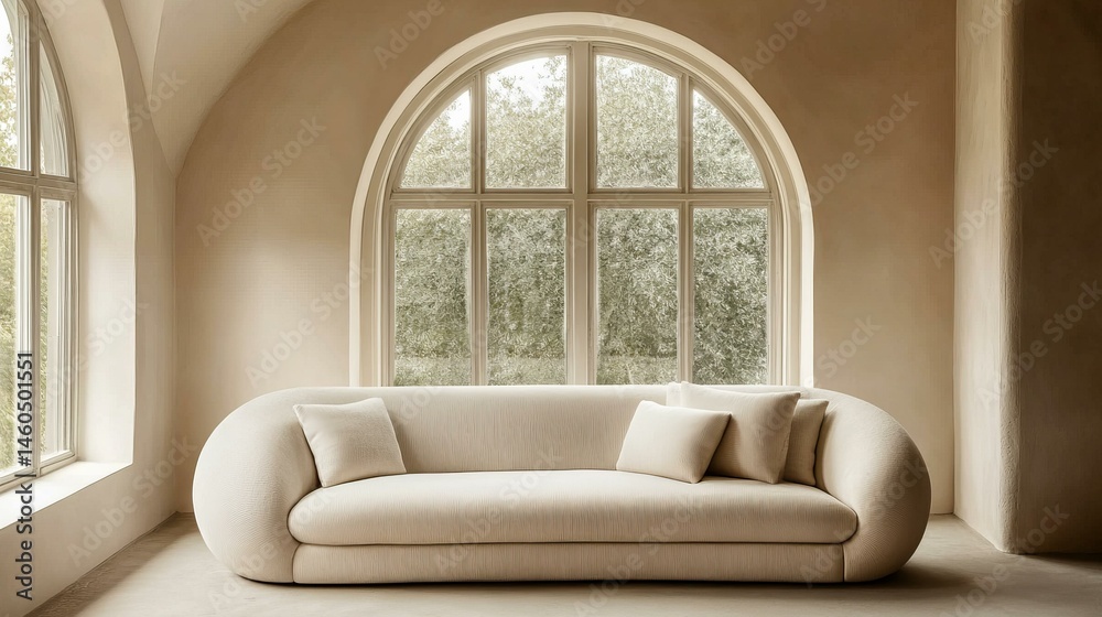 Fototapeta premium Minimalist Beige Sofa In Modern Interior With Arch Window