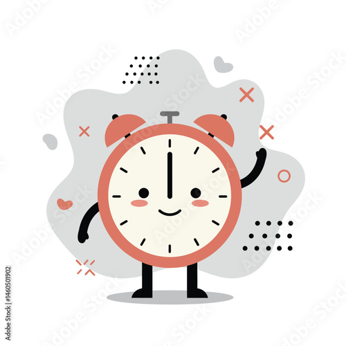 Cute smiling alarm clock character with orange bells and black limbs vector illustration for time management and punctuality concepts 