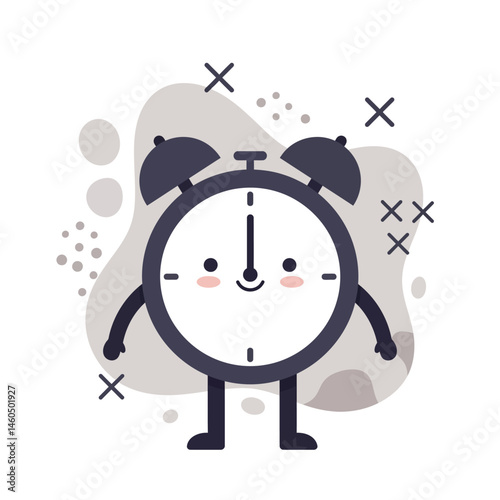 Cute cartoon alarm clock character with happy face and abstract background vector illustration 