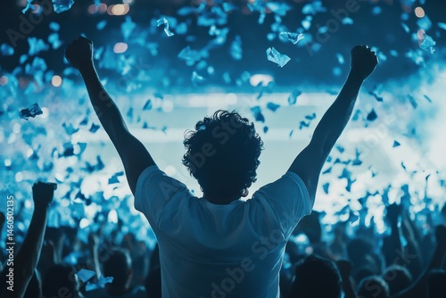 A soccer fan in a stadium cheering with arms raised in celebration. The image shows excitement and passion for the sport.