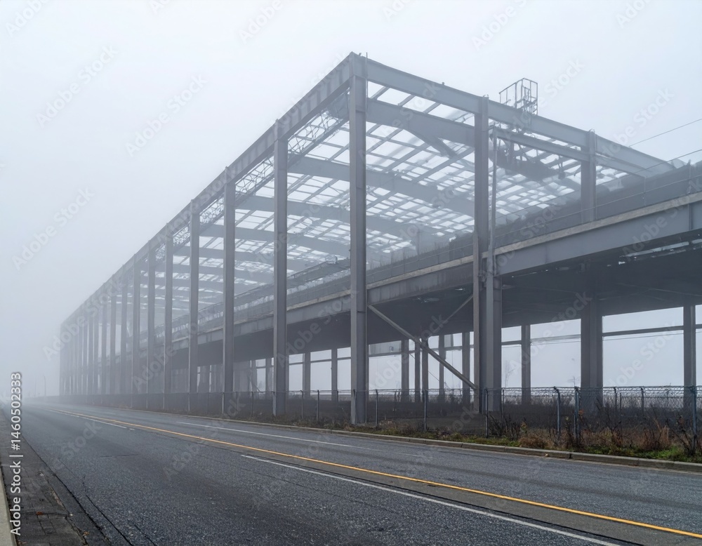 Obraz premium Foggy Urban Landscape with Abandoned Steel Structure and Road