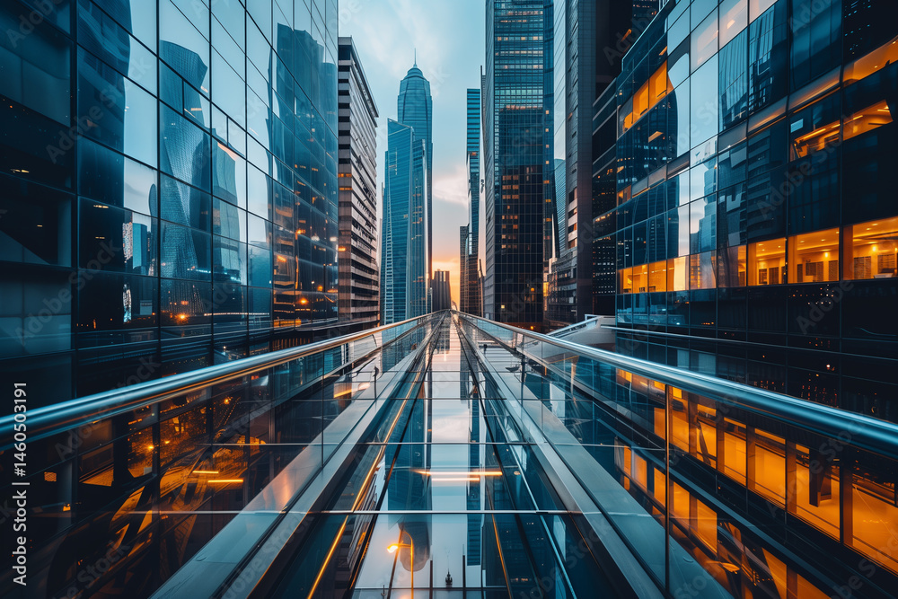 Fototapeta premium Futuristic glass walkway between modern skyscrapers at sunset