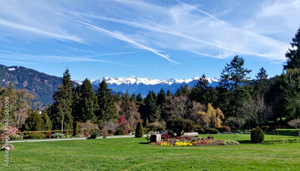 Fototapeta premium Scenic Mountain View with Lush Greenery and Blooming Flowers