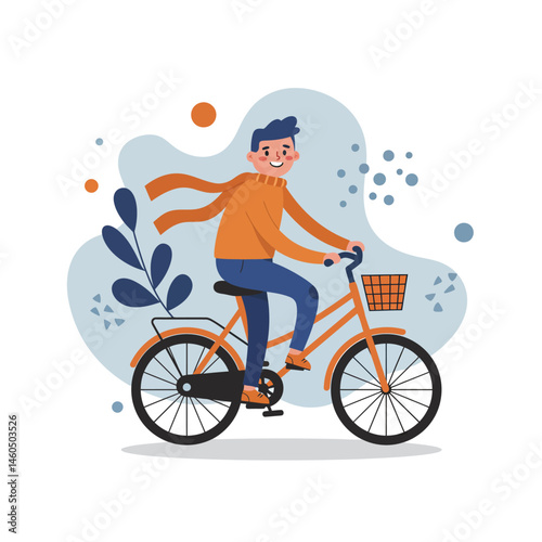 Young man riding orange bicycle with scarf on casual autumn day vector illustration 