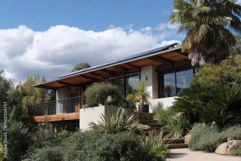 Fototapeta premium modern ecohome built with sustainable materials showcasing natural wood bamboo and recycled elements