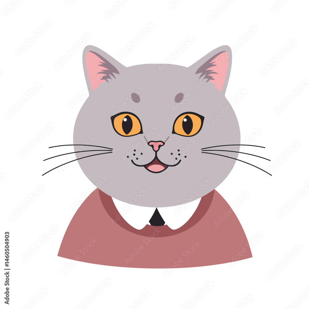 Fototapeta premium Cat portrait with yellow eyes wearing brown sweater and black tie vector illustration smiling face 